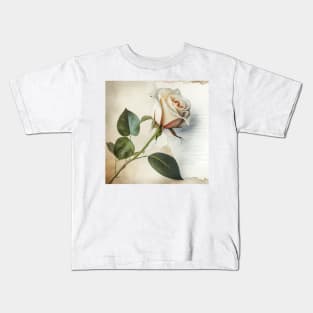 Vintage Style Single white rose on a page Kids T-Shirt